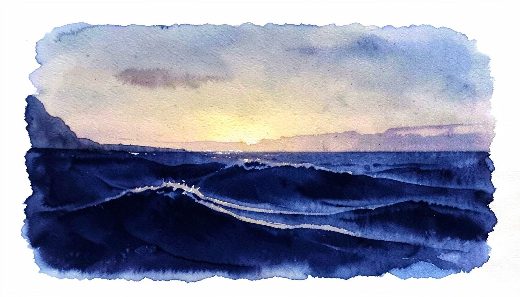 A moody seascape at dusk with deep indigo waves rolling under a soft golden horizon, evoking drama and storytelling
