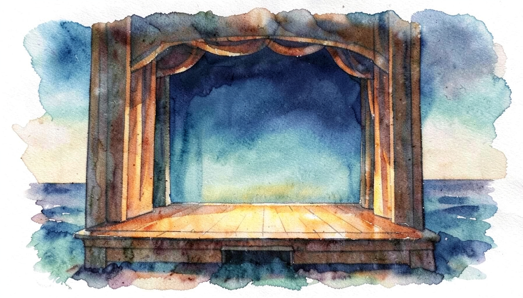 A soft watercolour painting of a wooden stage set by the ocean, with warm amber and teal tones suggesting a theatrical performance