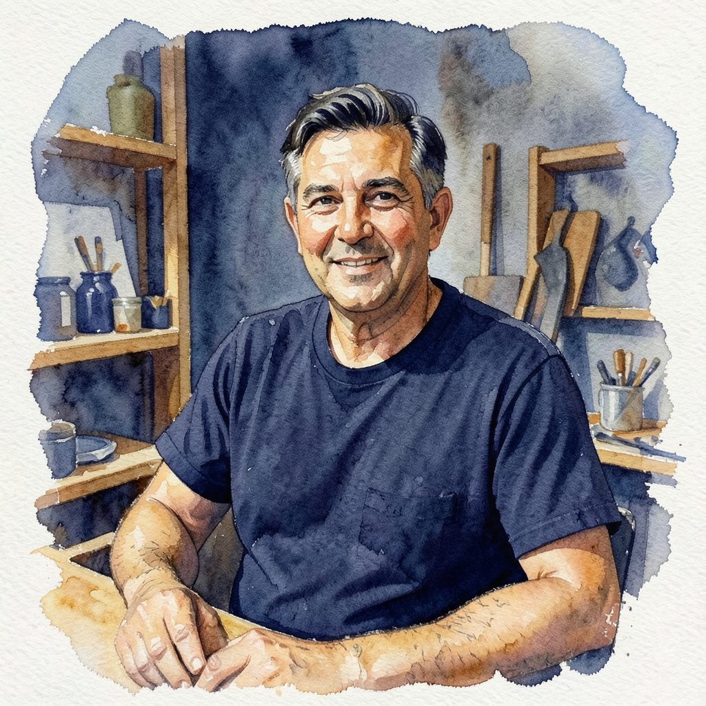 A watercolour portrait suggestion in deep navy and warm amber tones, with broad expressive brushstrokes conveying a seasoned creative leader
