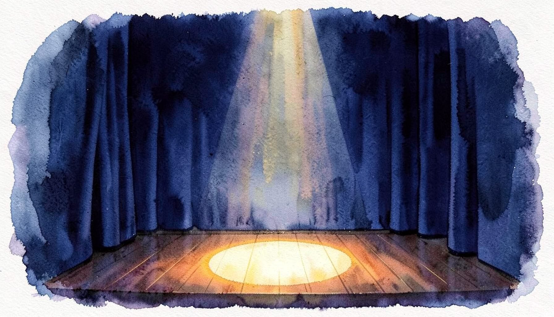A soft watercolour painting of a dimly lit theatre stage with deep navy curtains and warm amber footlights glowing across the floor