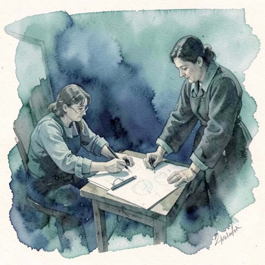 A soft watercolour composition of layered teal and charcoal brush marks suggesting a collaborative instructor guiding a workshop