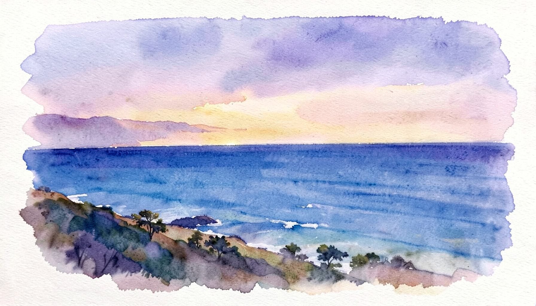 Soft watercolour painting of a coastal California landscape at dusk, with gentle lavender and gold tones blending across a wide horizon