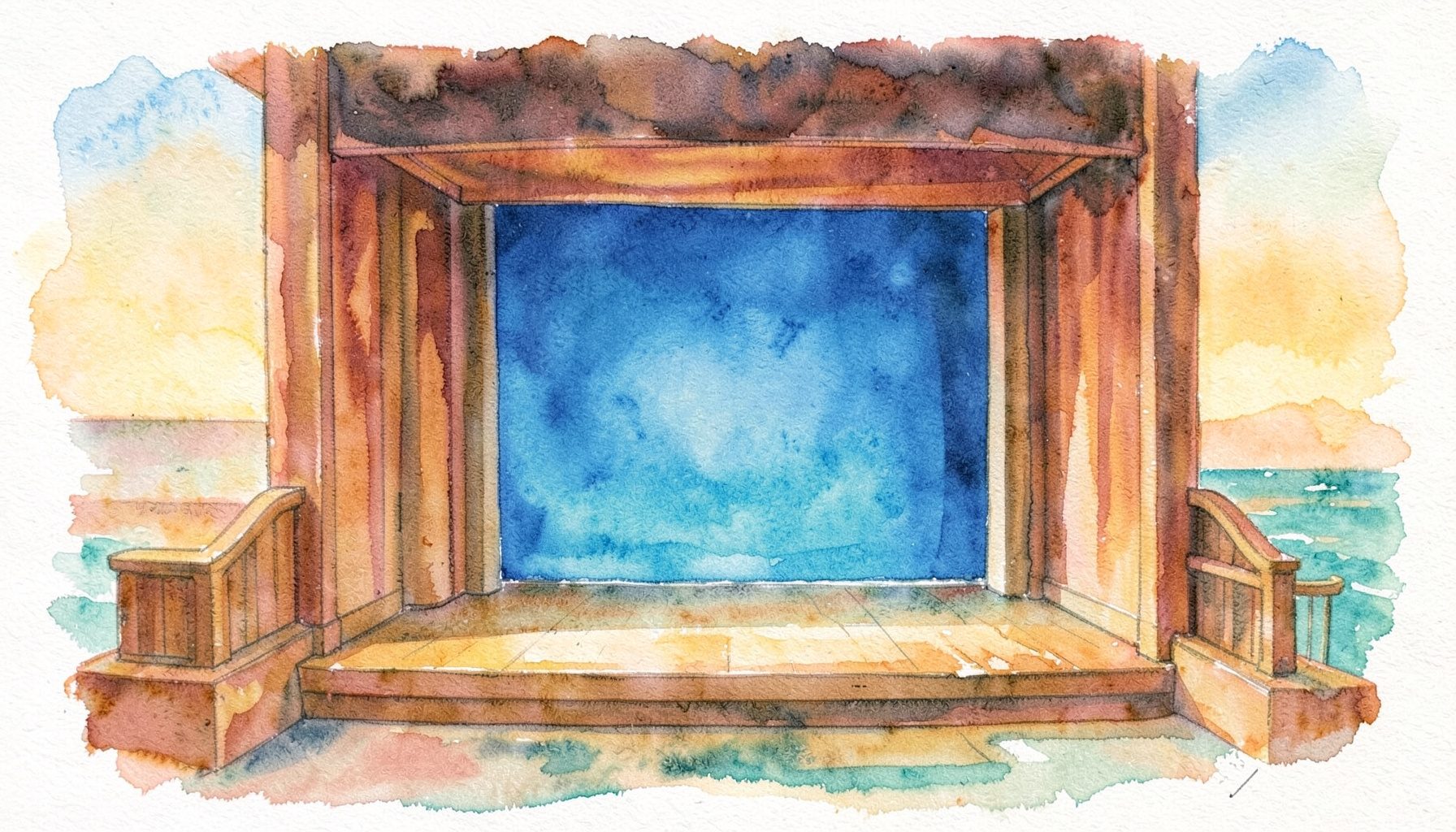 Soft watercolour painting of a wooden stage set by the ocean, with warm amber and teal tones suggesting a theatrical performance space
