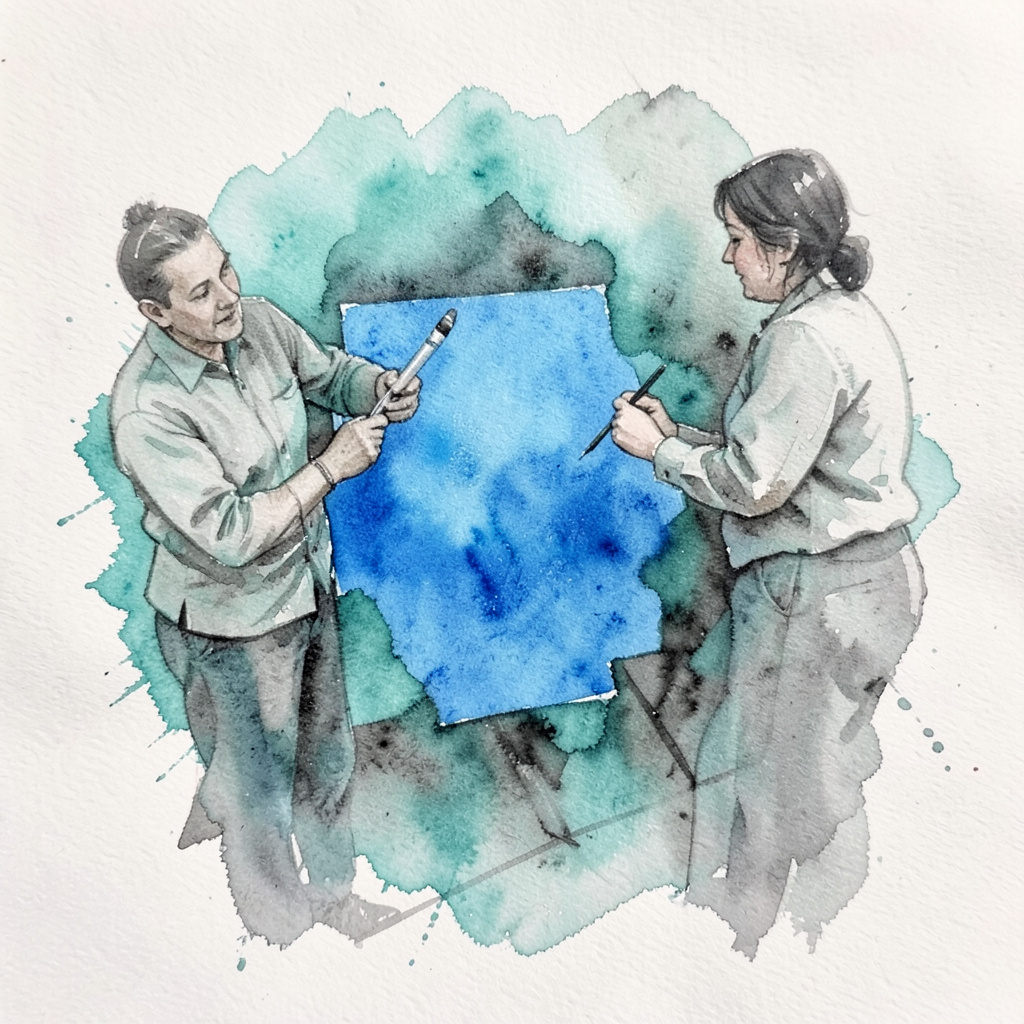A soft watercolour composition of layered teal and charcoal brush marks suggesting a collaborative instructor guiding a creative session